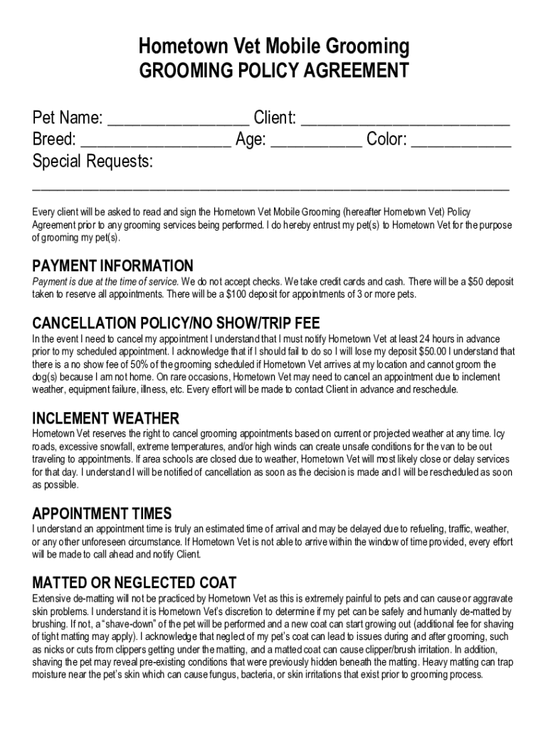 Fillable Online Hometown Vet Mobile Grooming GROOMING POLICY AGREEMENT