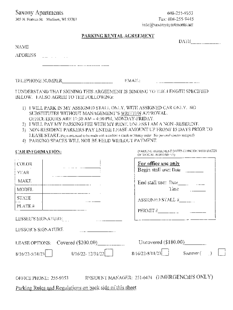 WI Saxony Apartments Parking Rental Agreement Preview on Page 1