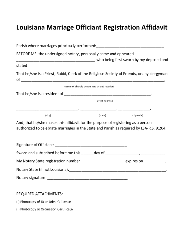 louisiana marriage officiant registration affidavit Preview on Page 1