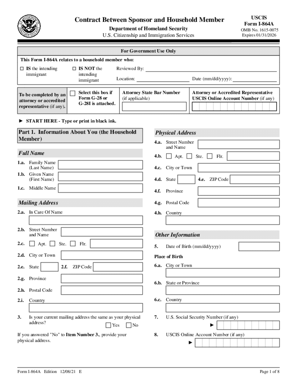 Form I-864A, Contract Between Sponsor And Household