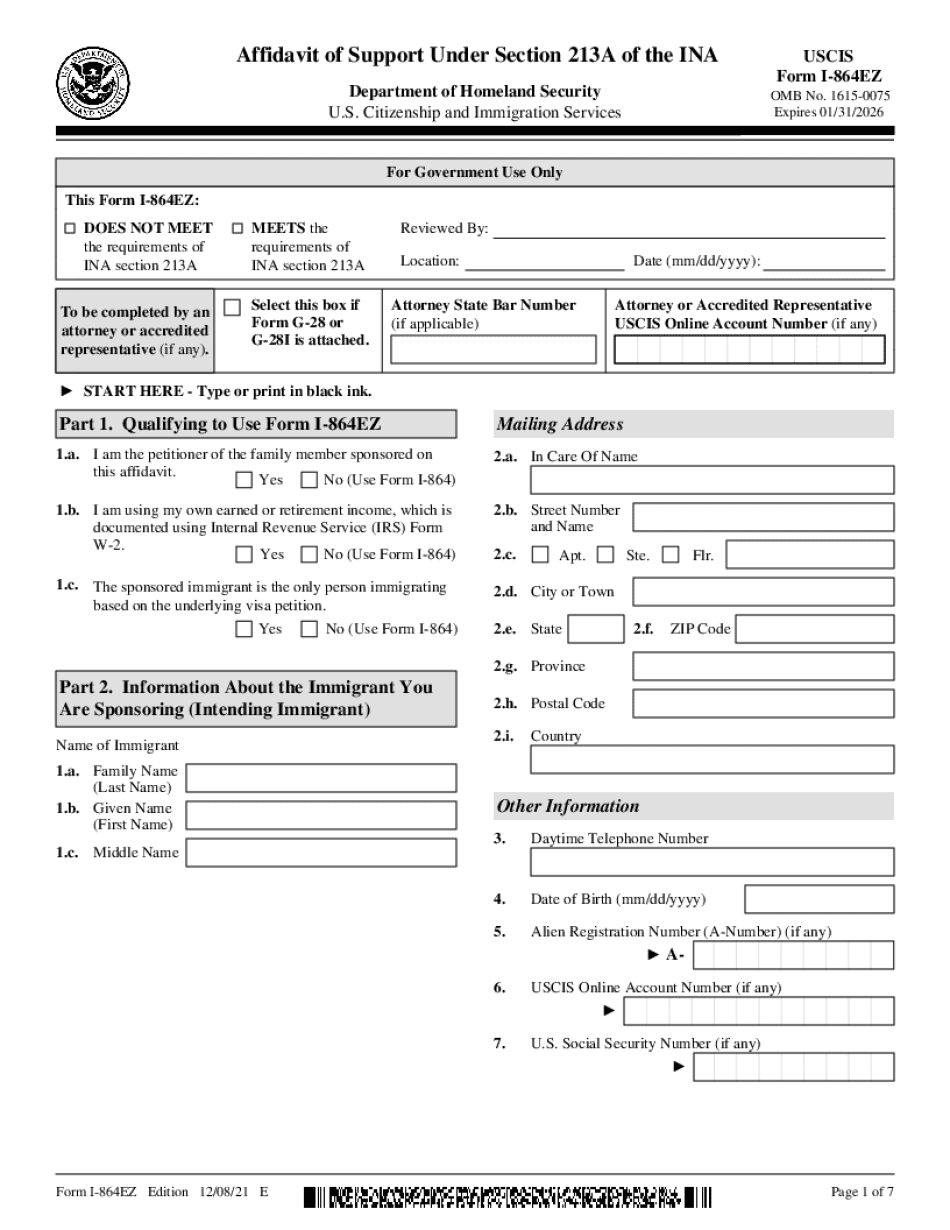 Instructions And Form For I-864Ez, Affidavit Of Support Under