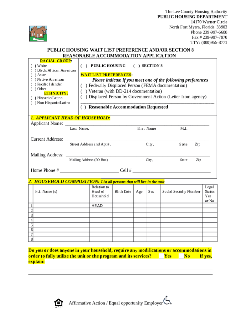 Public Housing Wait List Preference And/Or Section 8 Doc Template