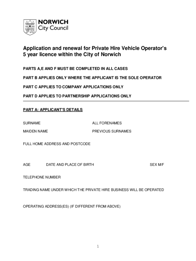 Fillable Online Private hire operator's licence application form. The
