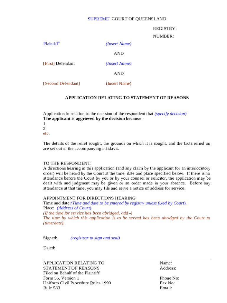 Uni Civil Procedure Rules 55. UCPR Application relating to statement of reasons Doc Template