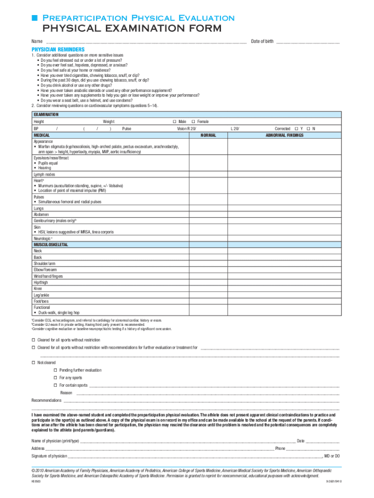 Fillable Online Preparticipation Physical Evaluation Physical ...