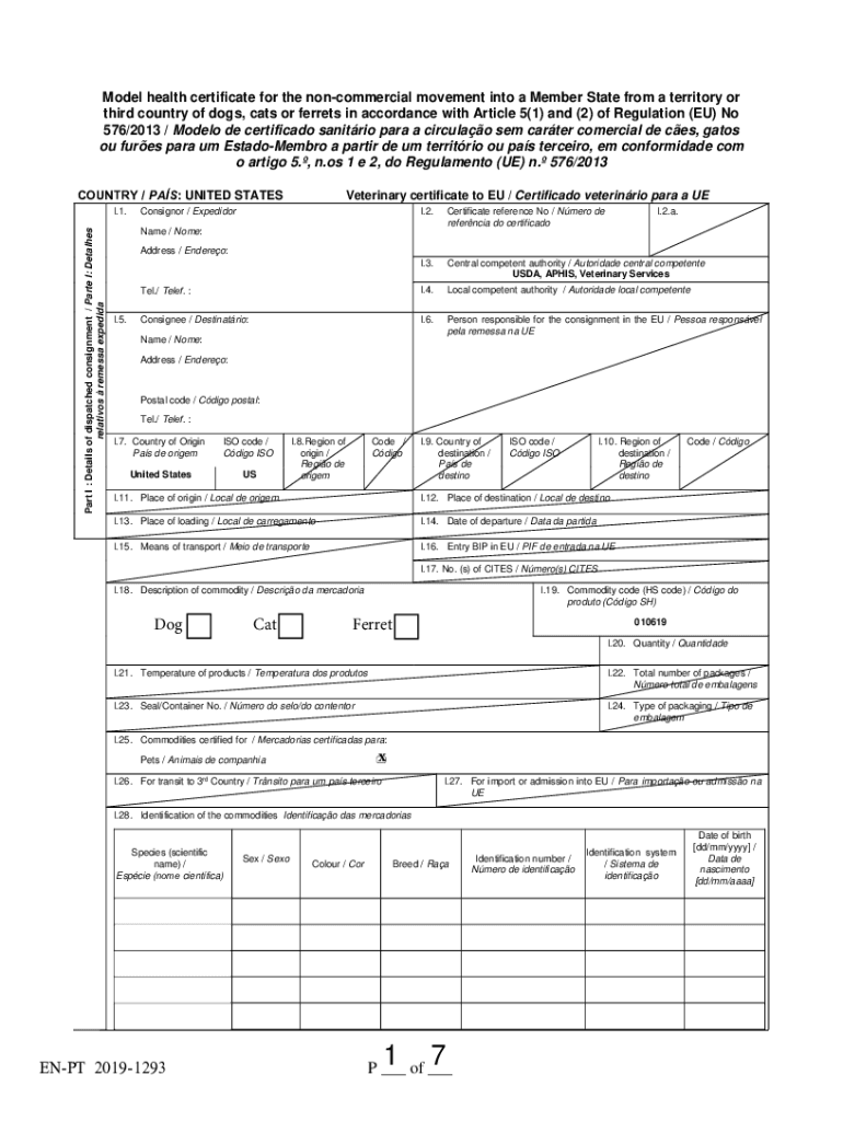 Fillable Online Animal health certificate for the
