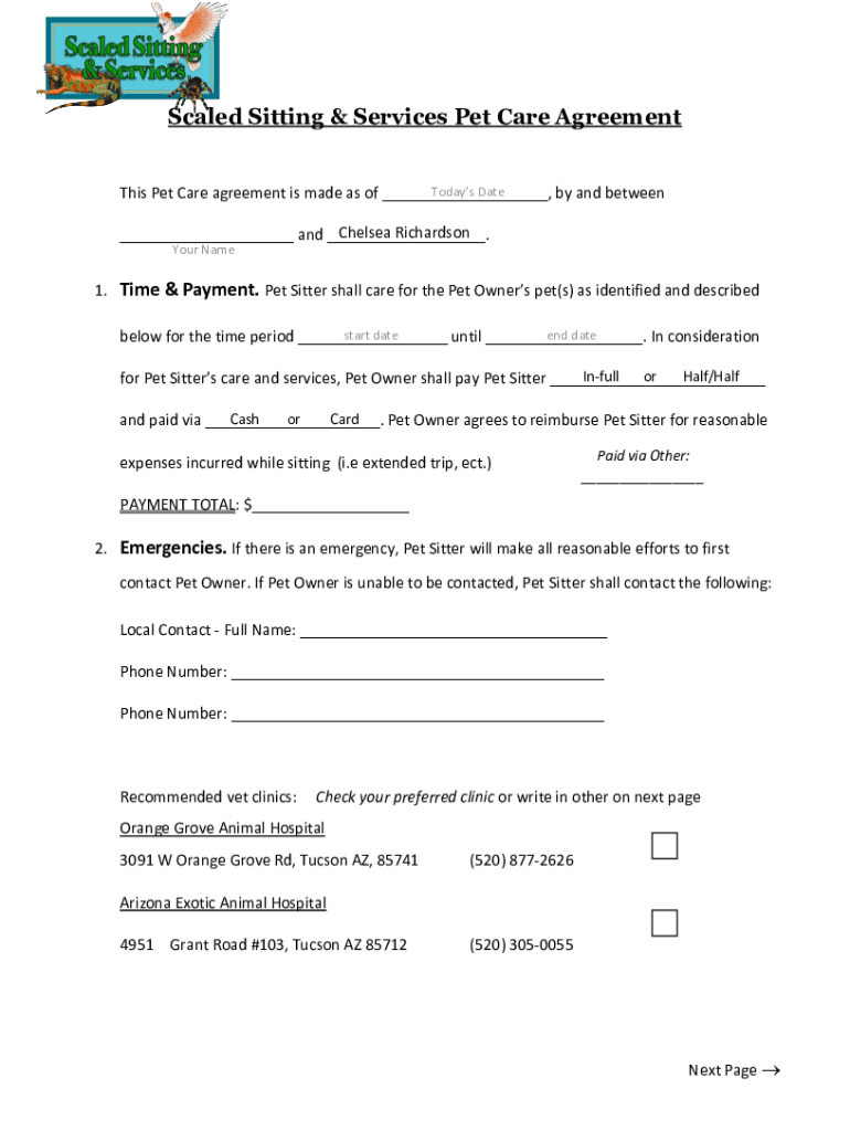 Fillable Online Pet Sitting Contract Template - Service Agreement Form ...