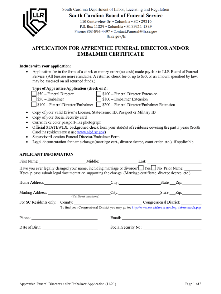 Fillable Online FUNERAL DIRECTOR/EMBALMER APPRENTICE CERTIFICATE