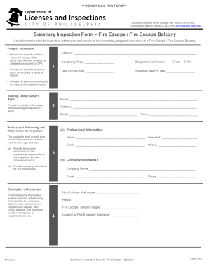 Fillable Online Summary Inspection Form Fire Escape / Fire Escape ...