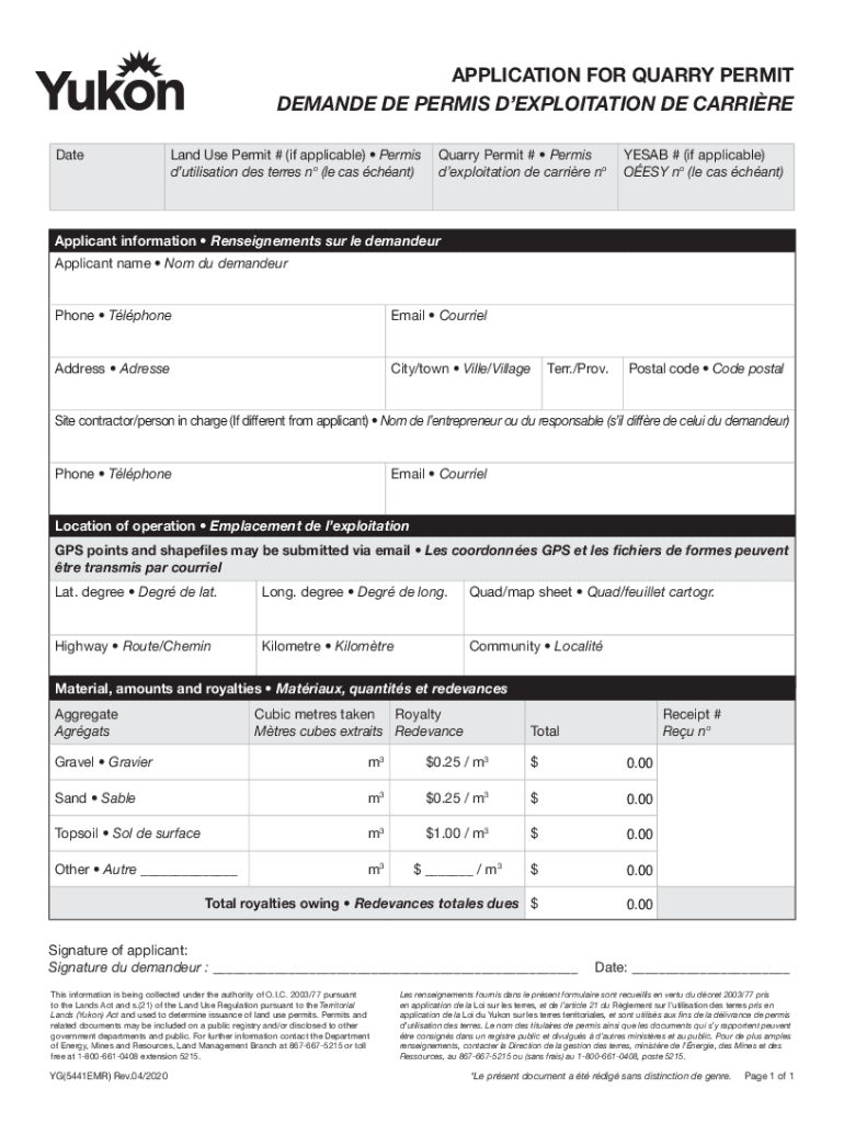 Fillable Online yukon.caemrapplicationquarrypermitfrAPPLICATION FOR