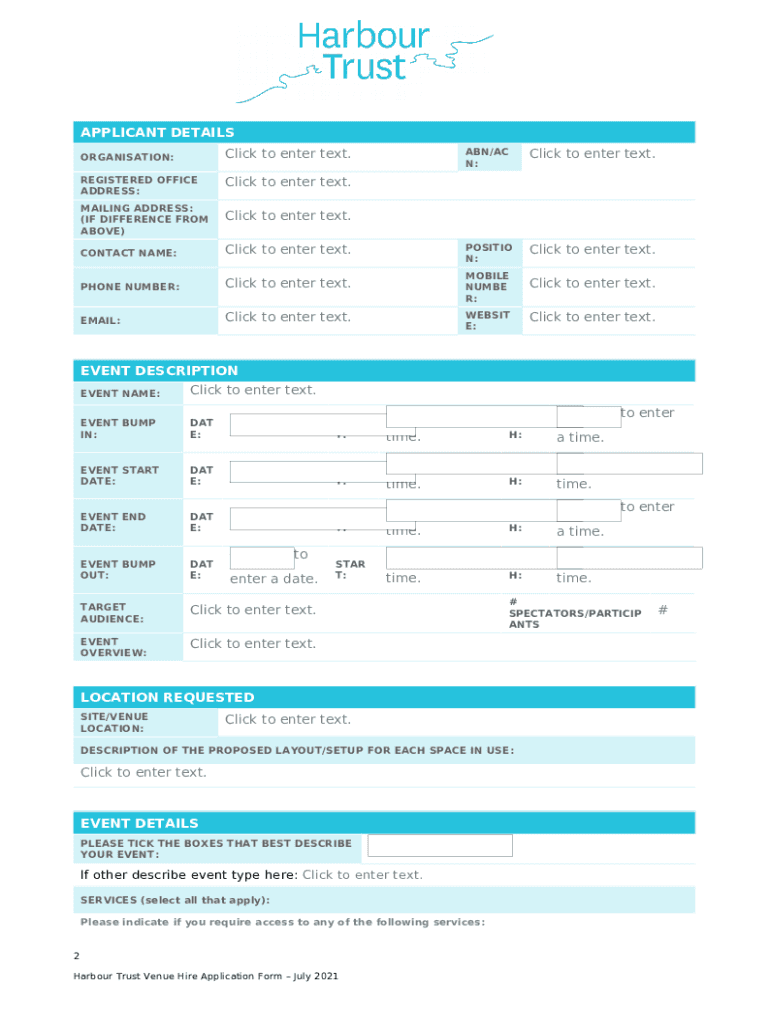 Venue Hire Application Form (docx) - Harbour Trust Preview on Page 1