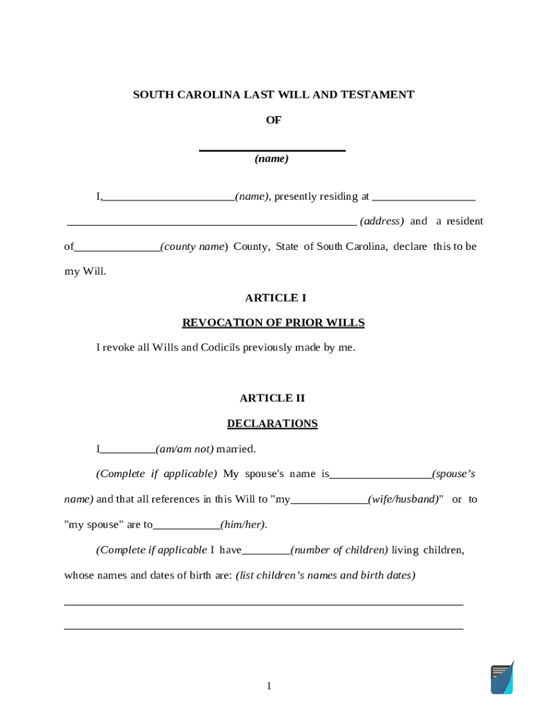 South Carolina Last Will and Testament Template. South Carolina last ...