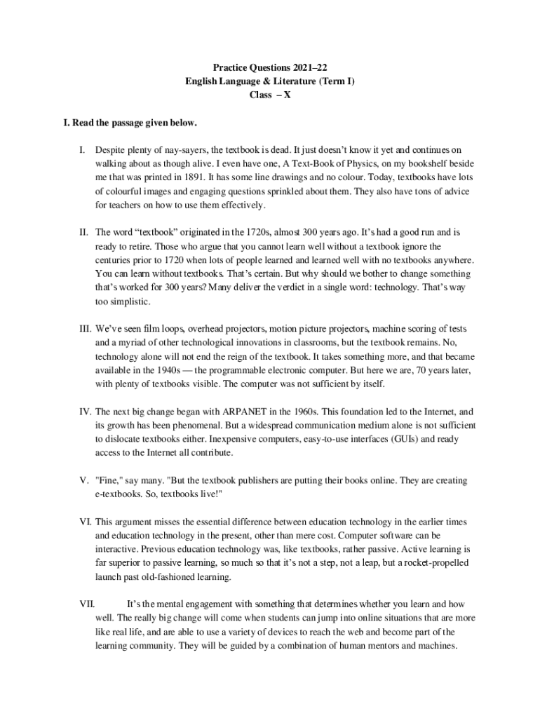 Fillable Online CBSE Class 9 English Sample Papers 2022 For Term 1