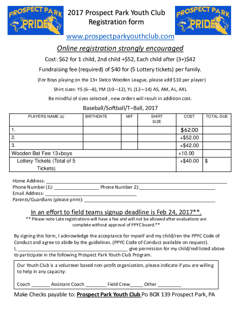 Fillable Online Fillable Online Registration Form Prospect Park Youth