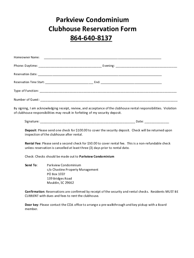 Fillable Online Clubhouse Reservation Request Form PDF Free Download
