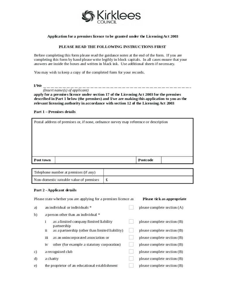 Application for a Premise Licence. Alcohol Licensing Doc Template