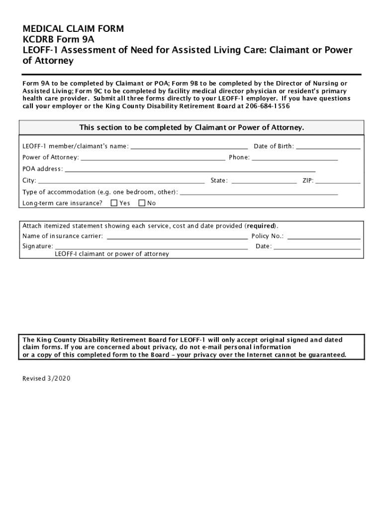 Fillable Online MEDICAL CLAIM FORM KCDRB Form 9A LEOFF1 Assessment of