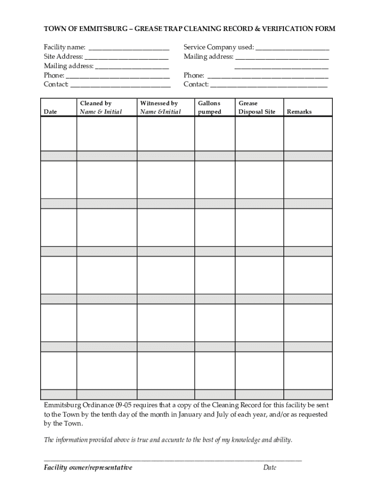 Fillable Online GREASE TRAP CLEANING RECORD TOWN OF EMMITSBURG