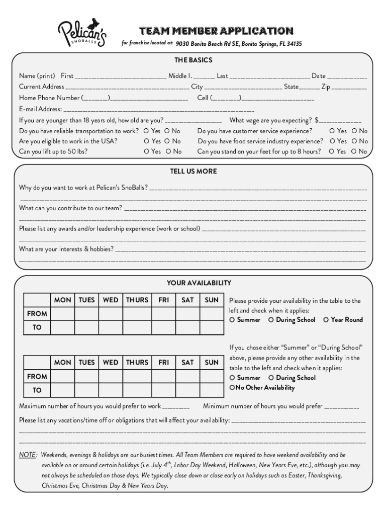 Fillable Online Pelican's SnoBalls Bonita job application Fax Email