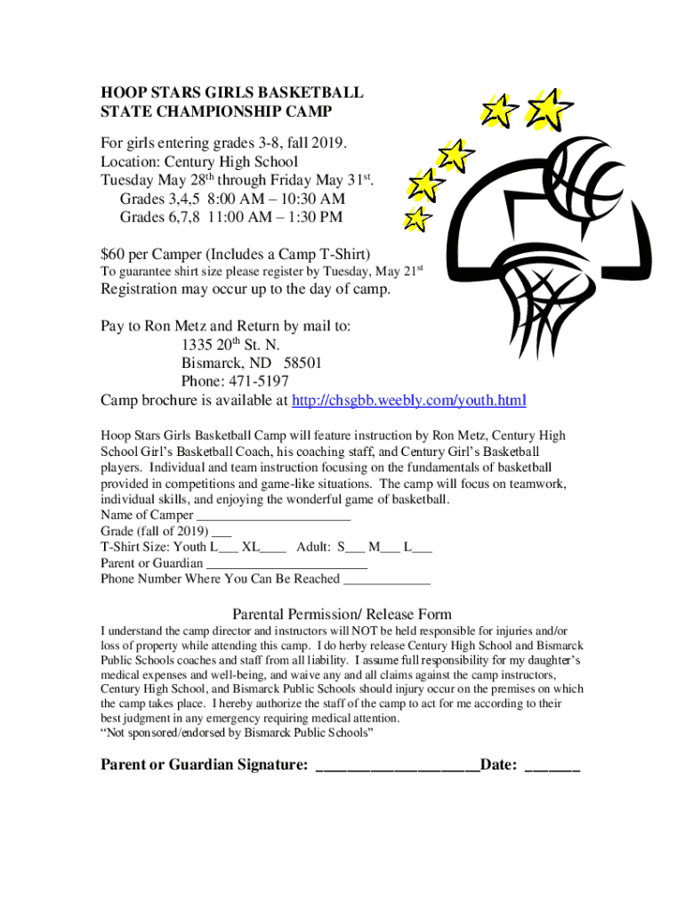Fillable Online HOOP STARS GIRLS BASKETBALL CAMP Bismarck Public