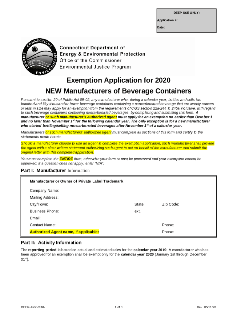 Exemption Application for new manufacturers of Beverage Containers