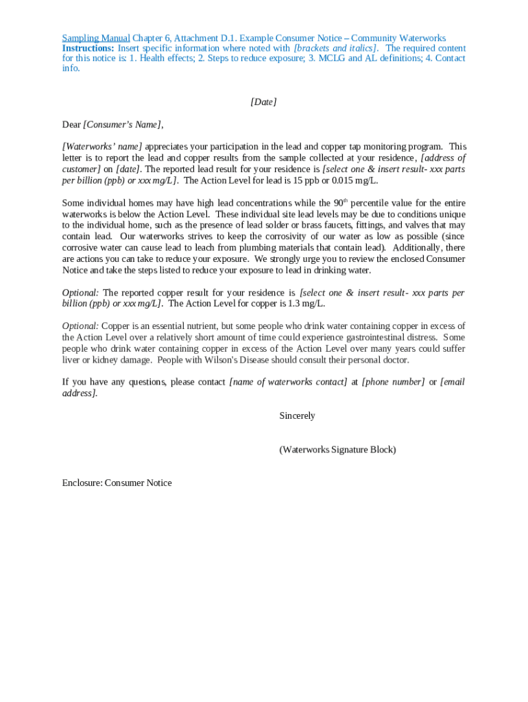 Consumer Notification of Lead Tap Monitoring Results. Lead and Copper