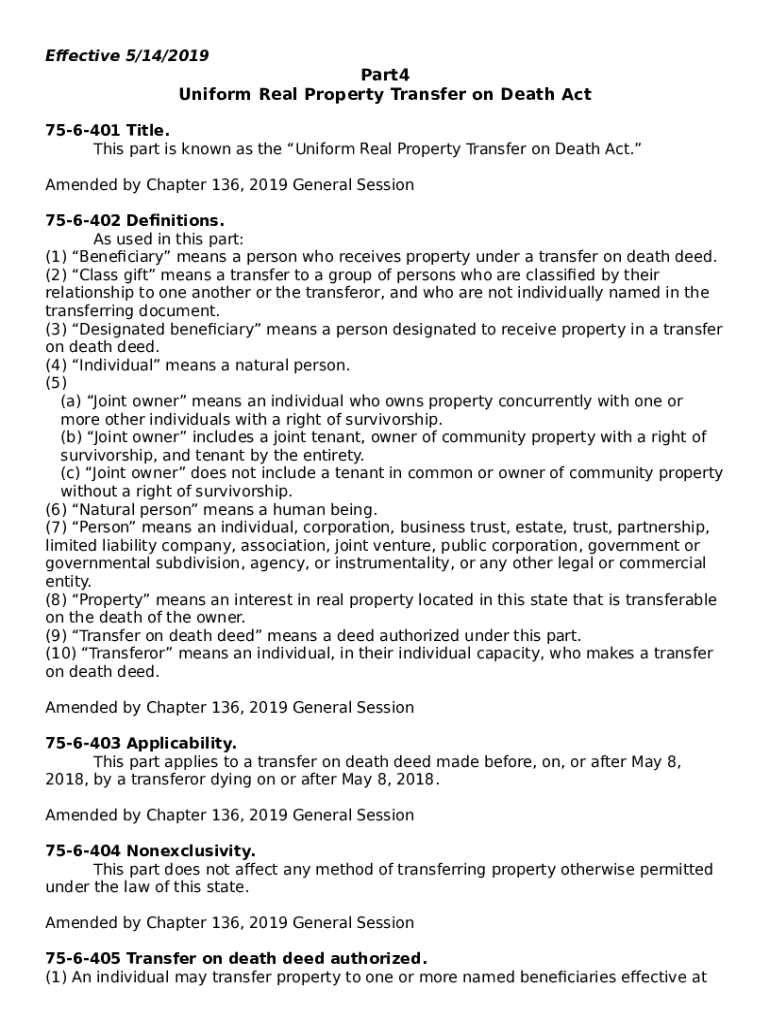 Utah Code Uni Real Property Transfer on Death Act Part le utah