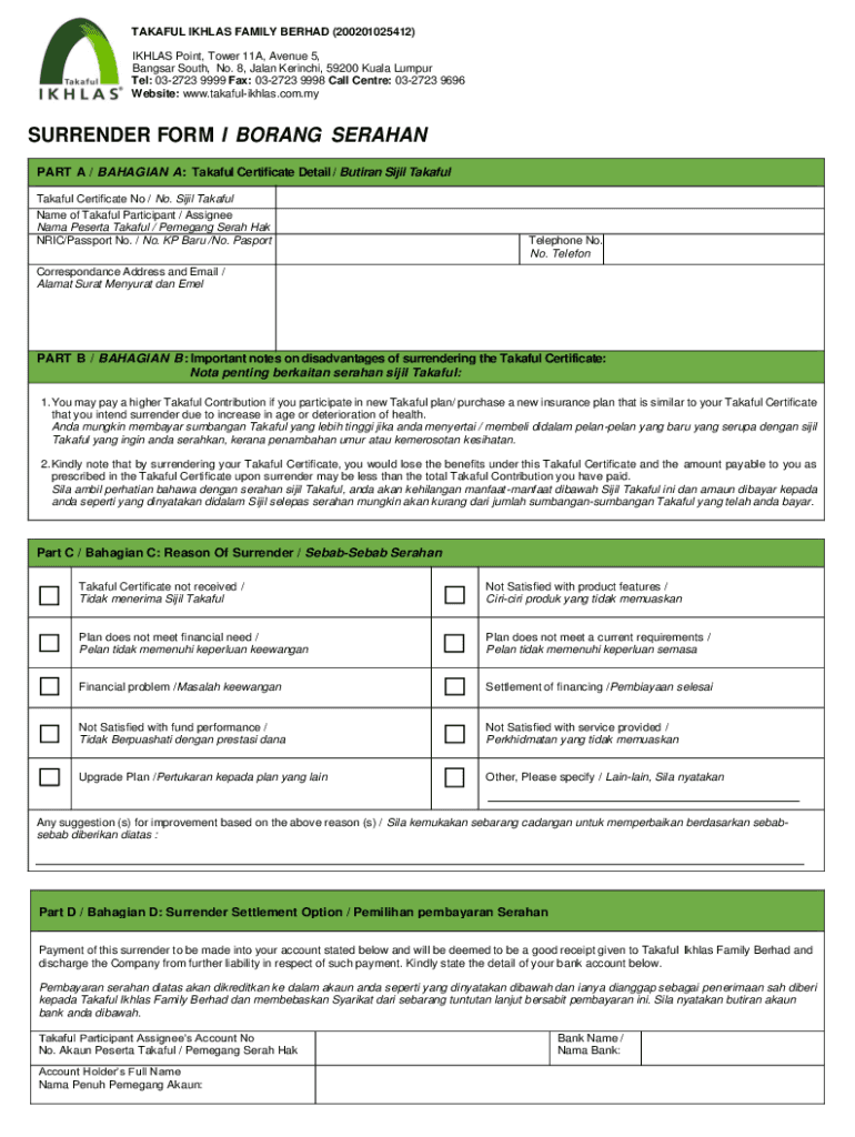 surrender form takaful ikhlas Preview on Page 1