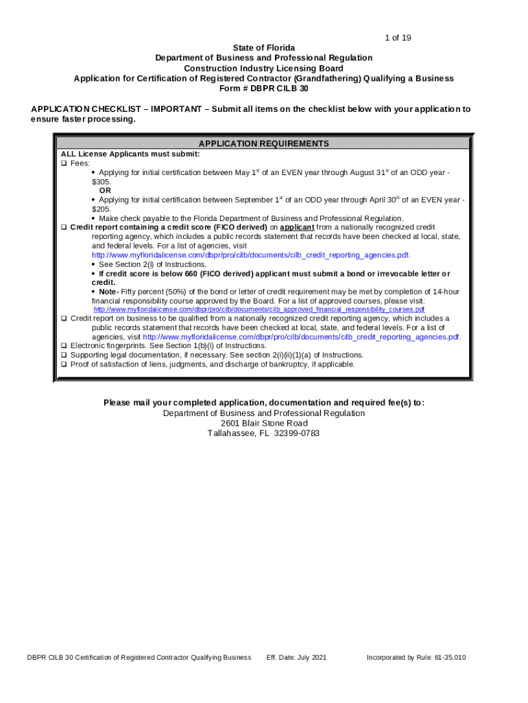 DBPR CILB 30 - Certification of Reg Contractor (Grandfathering) Qualifying Business Preview on Page 1