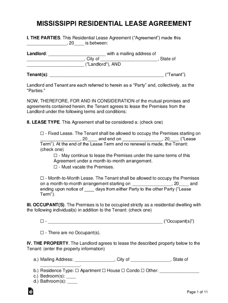 Mississippi Residential Lease Agreement - eForms Preview on Page 1