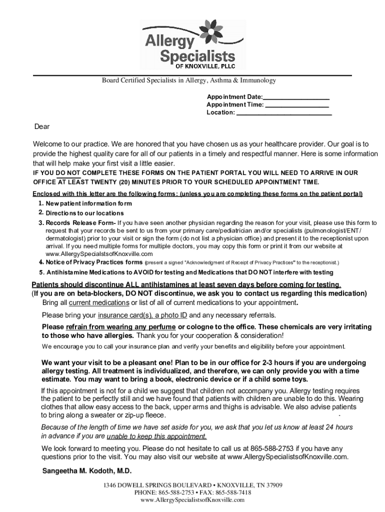 Fillable Online ALLERGY SPECIALISTS OF KNOXVILLE, PLLC Fax Email Print