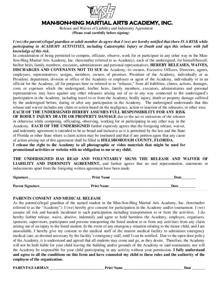 Fillable Online RELEASER and WAIVER OF LIABILITY and USA Martial