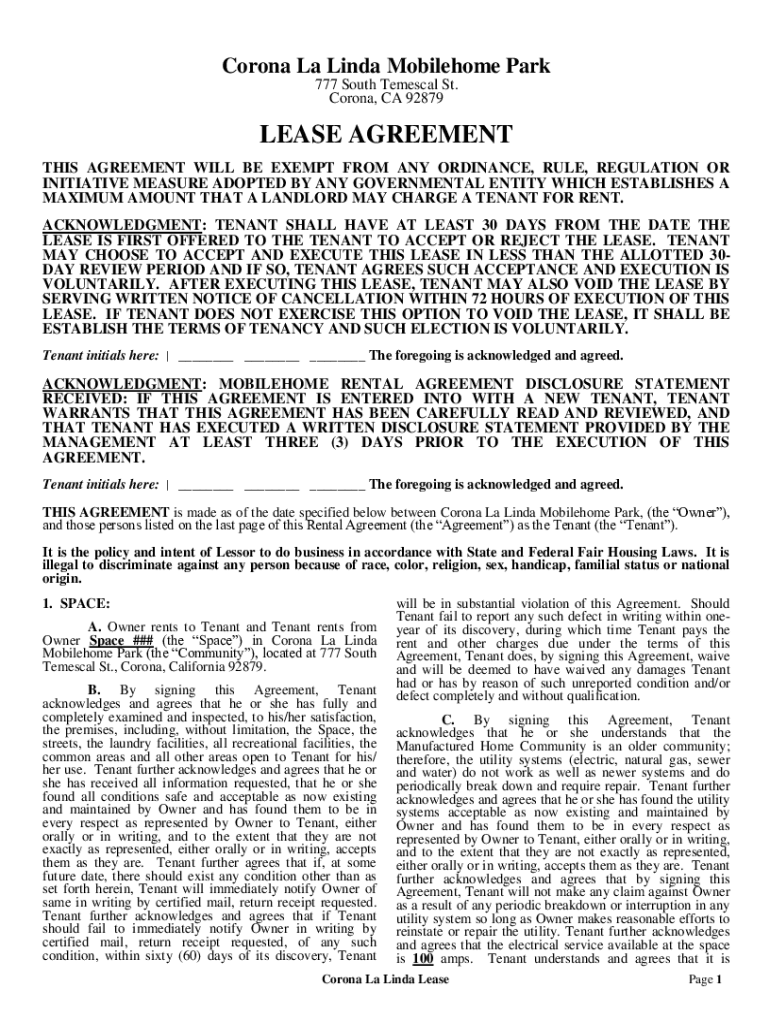 Fillable Online Corona La Linda Mobile Home Park Lease Agreement