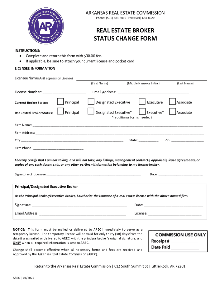 Fillable Online arec arkansas REAL ESTATE BROKER STATUS CHANGE FORM Fax