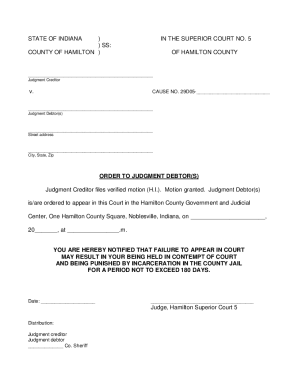 Fillable Online hamiltoncounty in STATE OF INDIANA ) IN THE SUPERIOR Fillable Online hamiltoncounty in STATE OF INDIANA ) IN THE SUPERIOR
