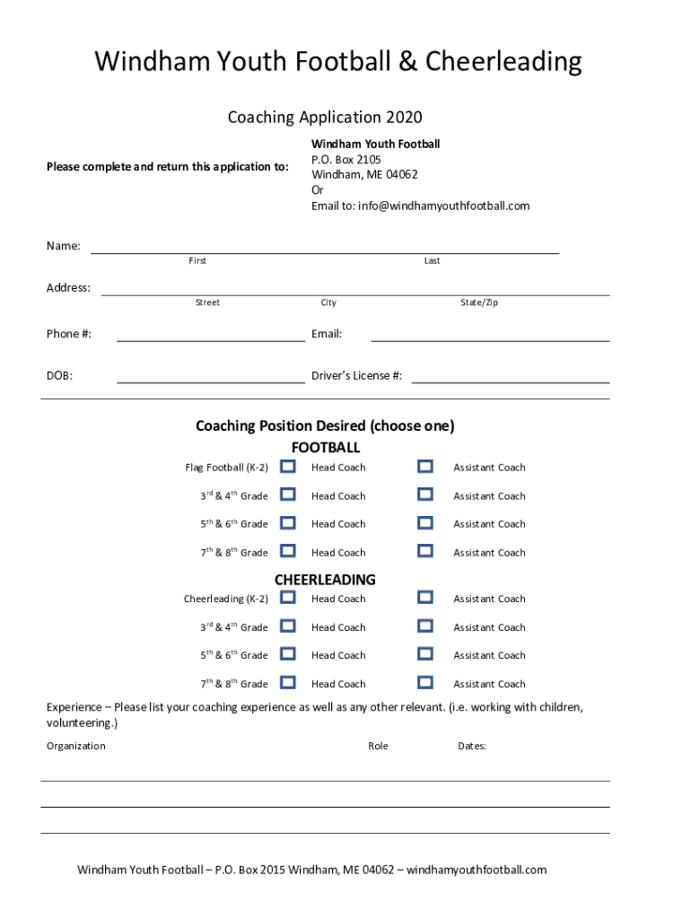 Fillable Online Windham Youth Football & Cheerleading Fax Email Print