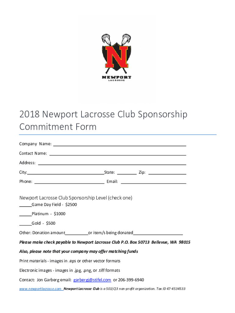 2018 Newport Lacrosse Club Sponsorship Commitment Form Preview on Page 1