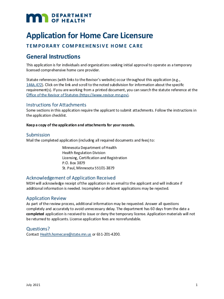 Application for Home Care Licensure Home care license application Preview on Page 1