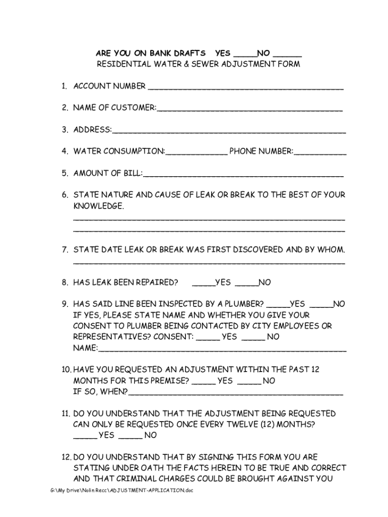 Fillable Online RESIDENTIAL WATER & SEWER ADJUSTMENT FORM Fax Email