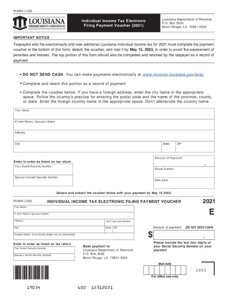 Louisiana Form 540V (Electronic Filing Payment VoucherIndividual Income Tax - Louisiana Department o Preview on Page 1