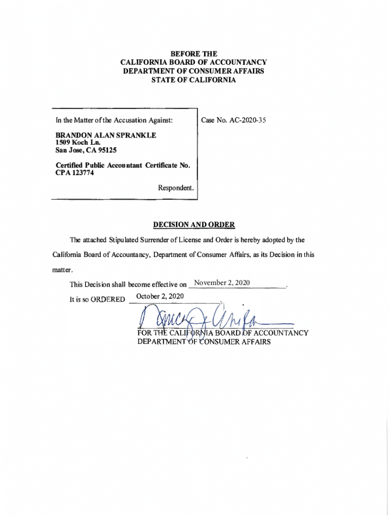 Fillable online www dca ca govcbadisciplinebefore the california board
