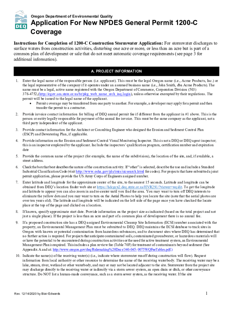 1200C Application Water Quality Stormwater Permitting Preview on Page 1