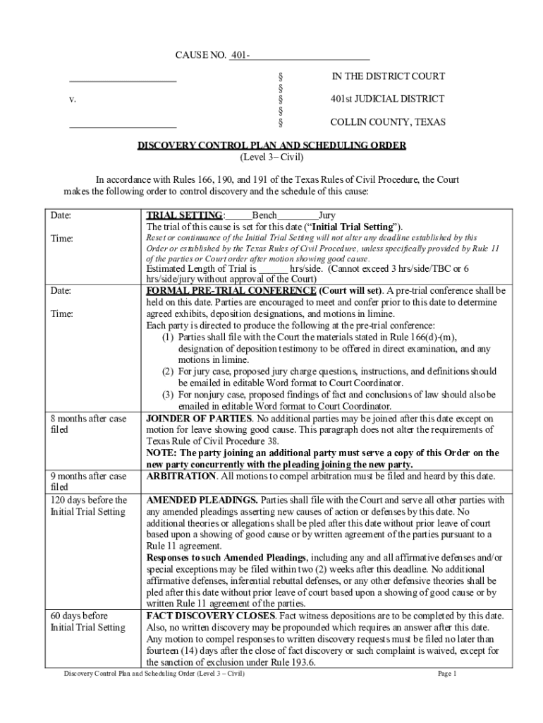 Fillable Online 401st Bench Trial Discovery Control Plan and Scheduling