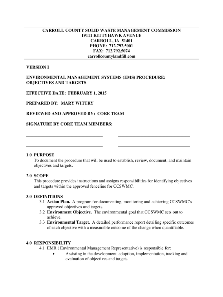 Fillable Online EMS Procedure for objectives, targets and action plans