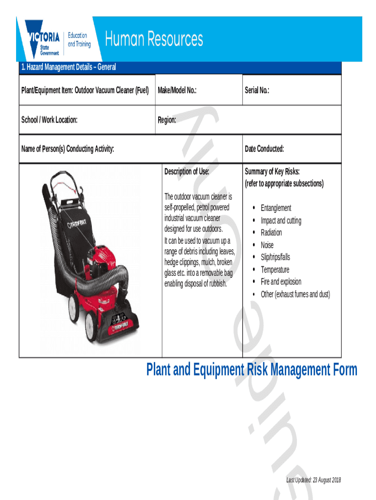 Plant and Equipment Risk Management Outdoor Vacuum Cleaner Doc