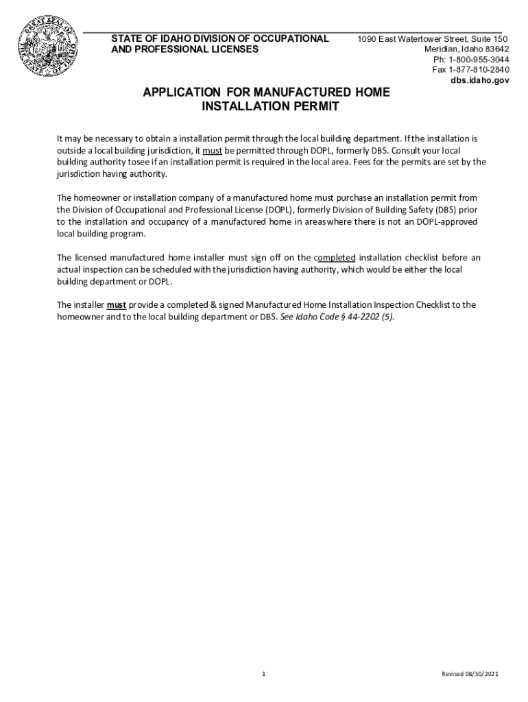 Fillable Online dbs idaho APPLICATION FOR MANUFACTURED HOME