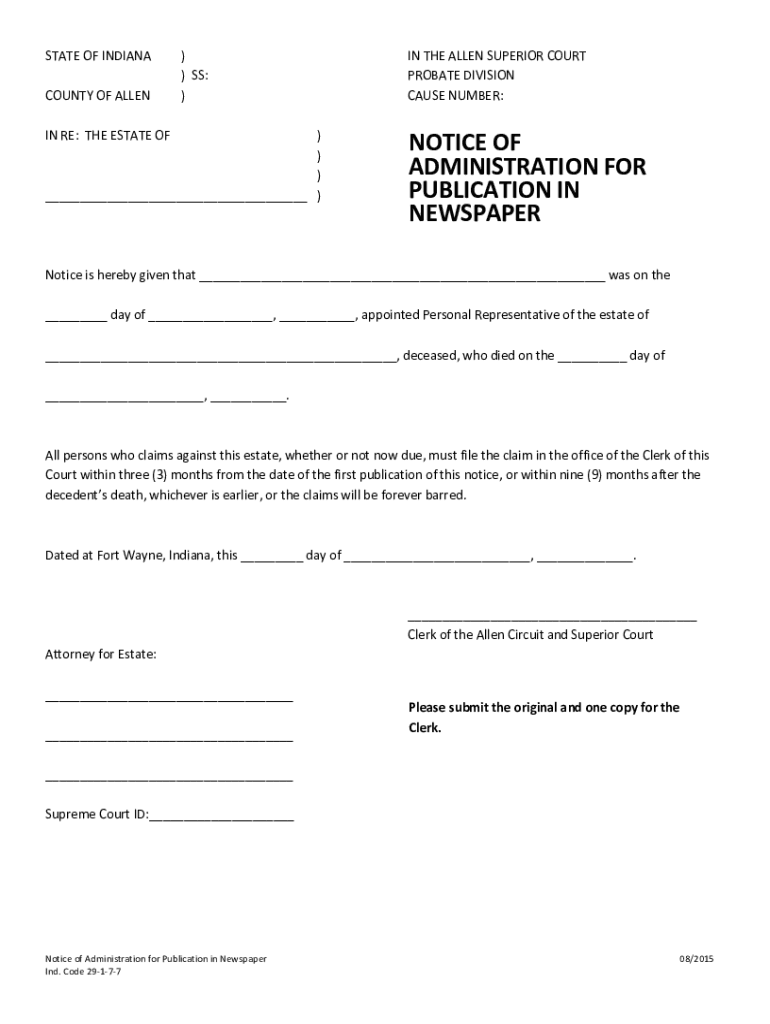 allencountyindiana imagesclerkofcourtsSTATE OF INDIANA ) IN THE ALLEN SUPERIOR COURT ) SS: PROBATE Preview on Page 1