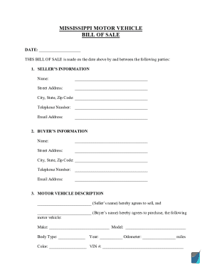 Fillable Online Mississippi Motor Vehicle Bill Of Sale Bill Of Sale ...