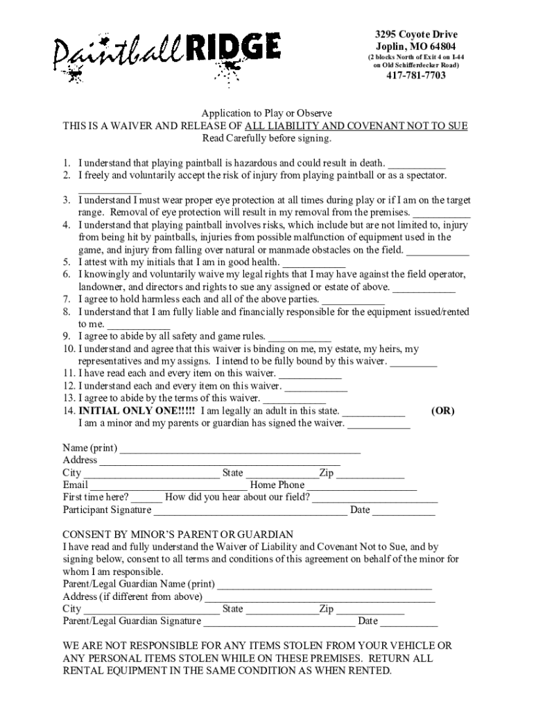 Fillable Online Paintball Ridge 3295 Coyote Dr Joplin, MO Paint Ball