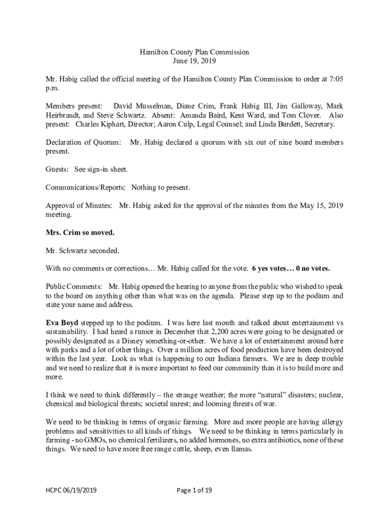 Fillable Online Hamilton County Plan Commission June 19, 2019 Mr. Habig